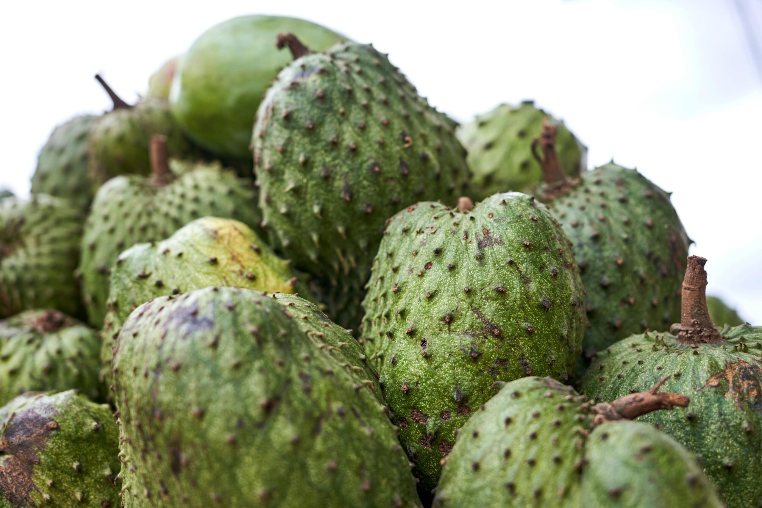 A pile of ripe soursop fruits displaying their distinctive green spiky texture, captured in detail.